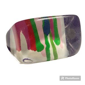 Vintage Lucite Acrylic Ring Size 7 Retro Abstract Hand Painted Pink Red White